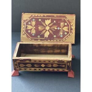 Vintage Russian Folk Art Wood Straw Marquetry Jewelry Trinket Box Inlay Handmade